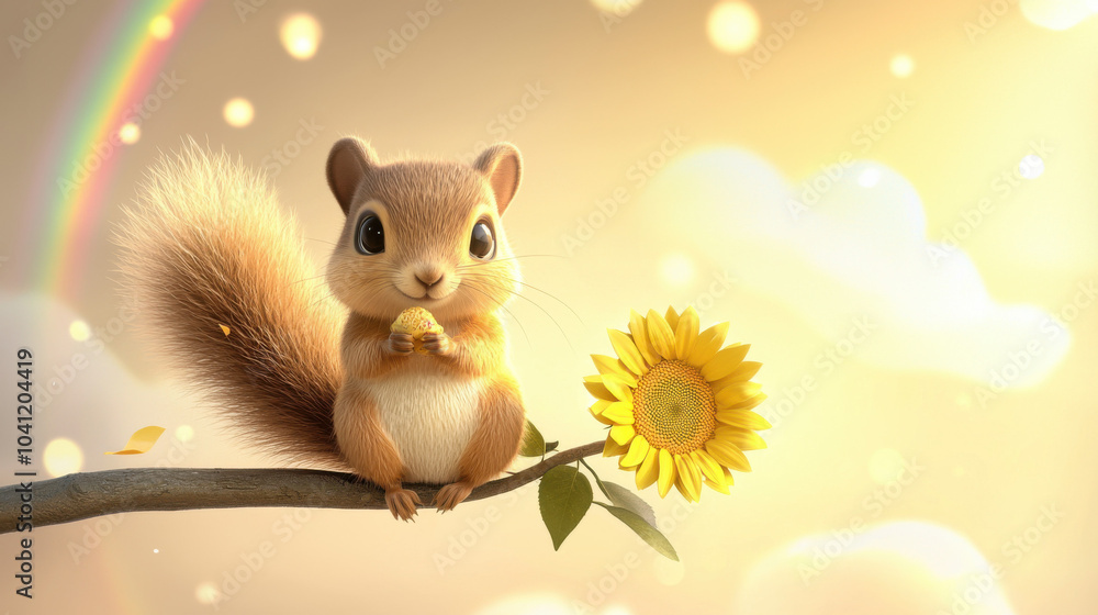 Cute Squirrel Sitting on a Branch with a Sunflower Cute Squirrel Sitting on a Branch with a Sunflower