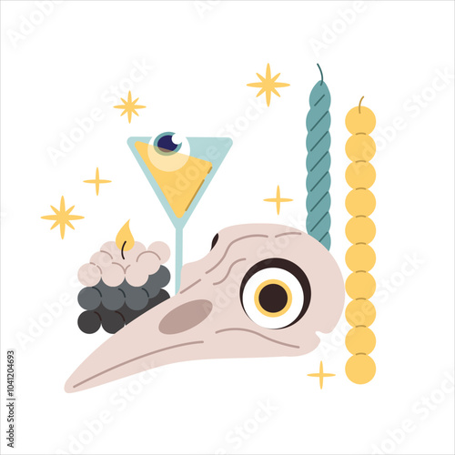 Bird skull with candles and cocktail