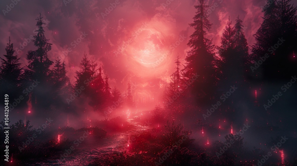 Red Moon Forest: A Mystical Night Landscape Red Moon Forest: A Mystical Night Landscape