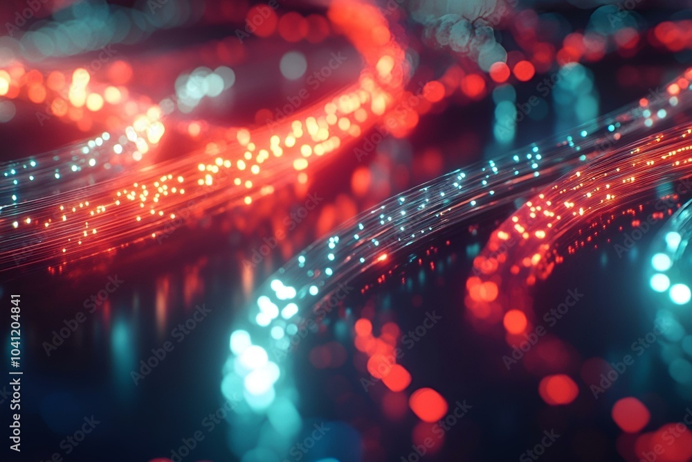 Close-up of a fiber optic cable illuminated by bright RGB lights. Close-up of a fiber optic cable illuminated by bright RGB lights.
