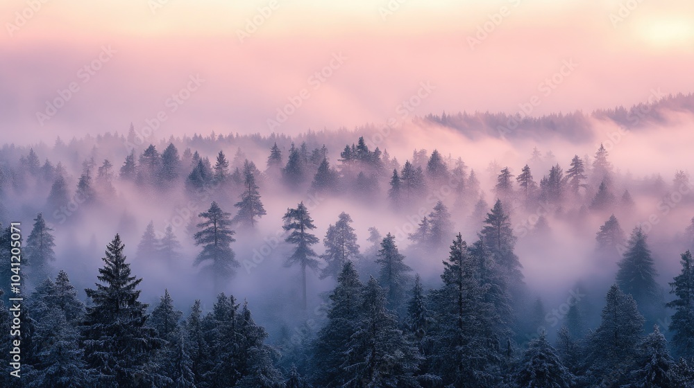Fototapeta premium Mist covered forest at dawn Nature photography
