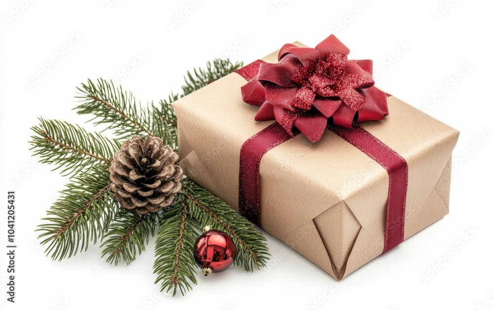 A beautifully wrapped gift box with a red ribbon and bow, placed beside a pine branch. A beautifully wrapped gift box with a red ribbon and bow, placed beside a pine branch.