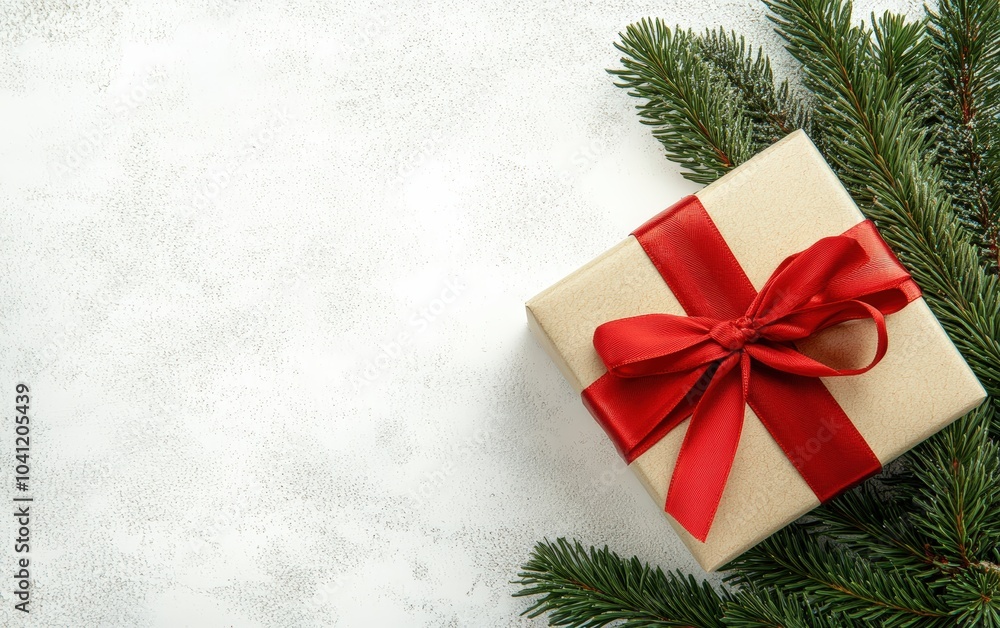 A beautifully wrapped gift box with a red ribbon and bow, placed beside a pine branch. A beautifully wrapped gift box with a red ribbon and bow, placed beside a pine branch.