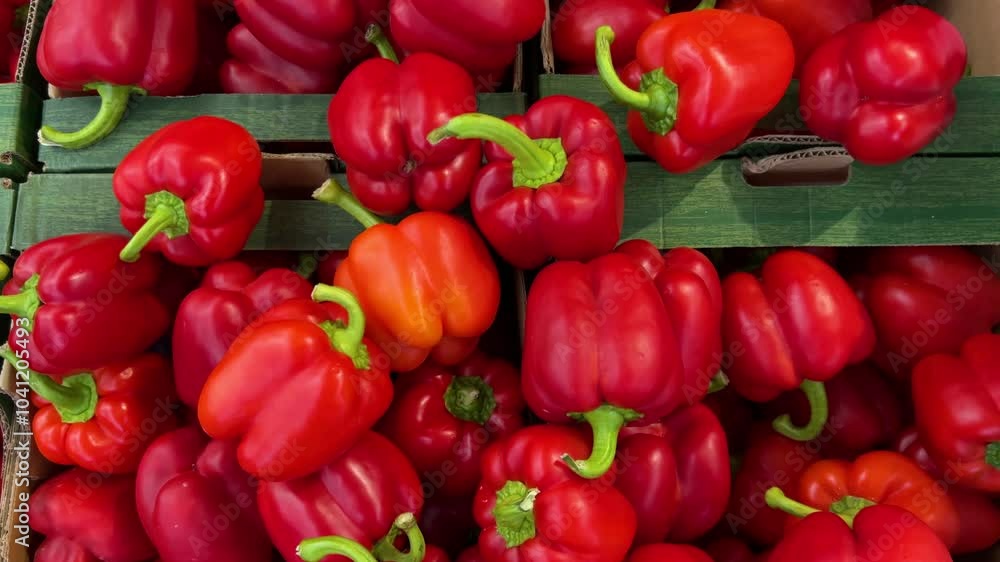 Red peppers displayed in green cardboard crates, Tracking shot top view on red bell pepper displayed by greengrocer Red peppers displayed in green cardboard crates, Tracking shot top view on red bell pepper displayed by greengrocer