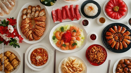 Wallpaper Mural Variety of traditional Chinese dishes arranged on a table showcasing the essence of Asian cuisine Aerial perspective of a festive meal setup Torontodigital.ca
