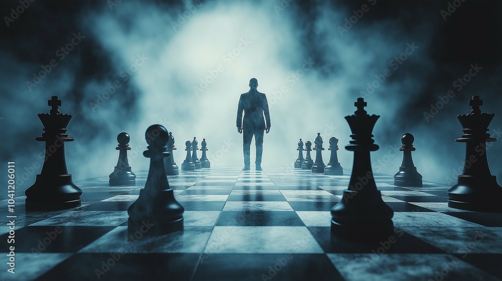 Businessman Standing on Chessboard in Misty Atmosphere Businessman Standing on Chessboard in Misty Atmosphere