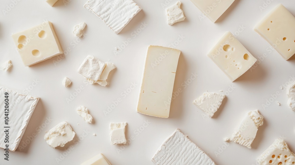 White cheese arranged within frames on a clean backdrop White cheese arranged within frames on a clean backdrop