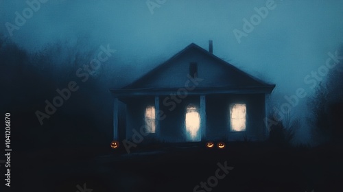 An eerie, fog-covered house with glowing windows and jack-o'-lanterns on the porch, creating a mysterious and spooky Halloween scene. 