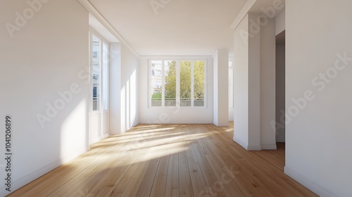 Modern empty room featuring white walls wooden flooring and a window