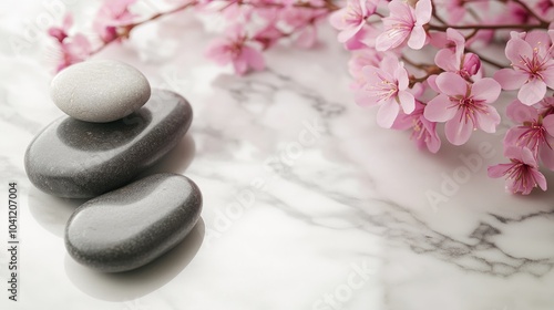 Spa stones paired with pink flowers on a marble surface