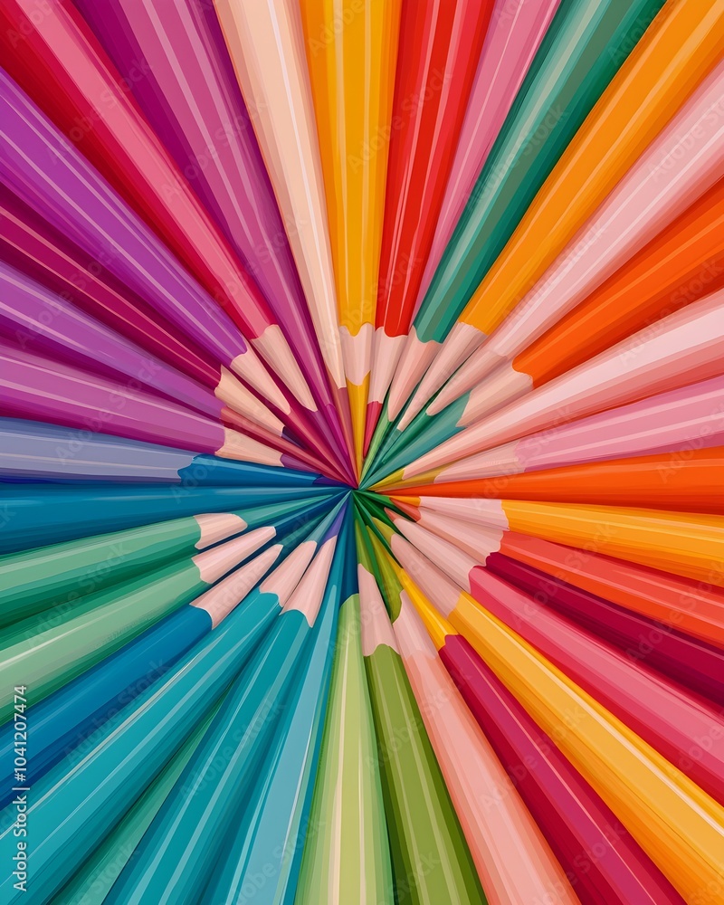 Vibrant array of colored pencils in a radial pattern Vibrant array of colored pencils in a radial pattern