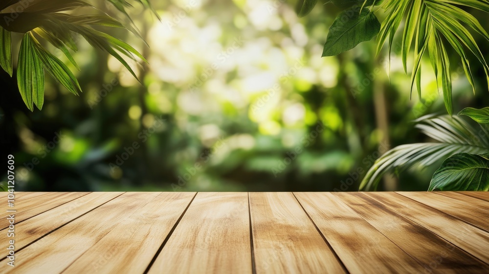 Wooden tabletop on a wooden floor with a blurred abstract background of green leaves showcasing the beauty of nature Wooden tabletop on a wooden floor with a blurred abstract background of green leaves showcasing the beauty of nature