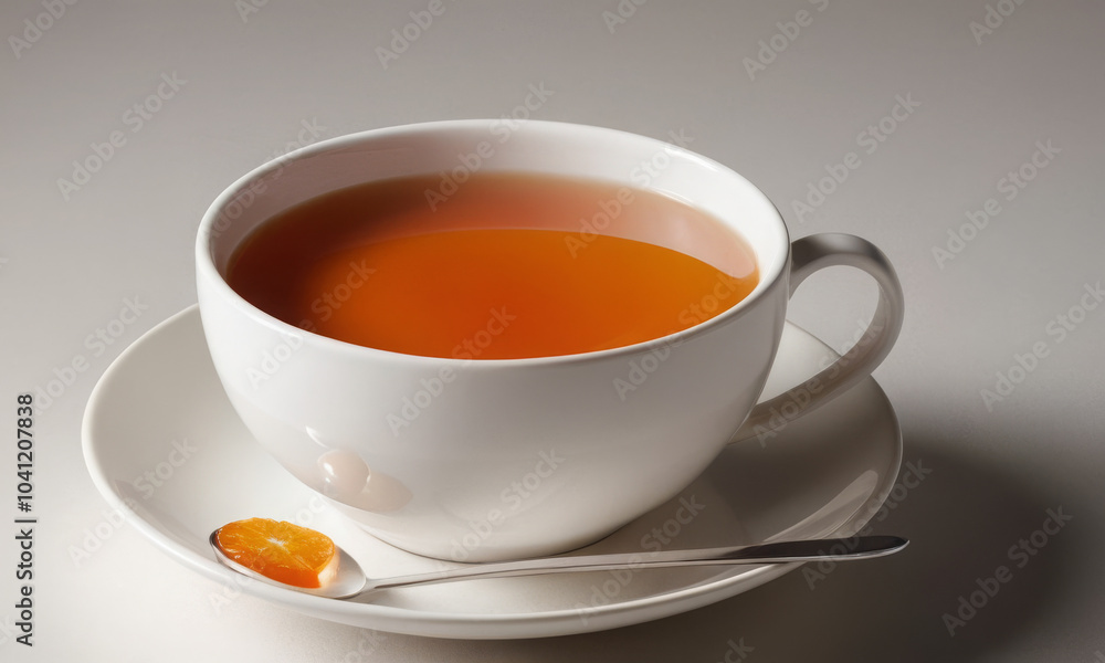Elegant White Tea Cup with Sliced Orange on Saucer: Vibrant and Fresh Elegant White Tea Cup with Sliced Orange on Saucer: Vibrant and Fresh