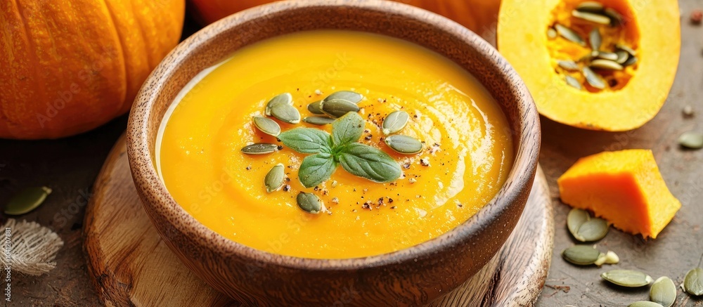Homemade Pumpkin Soup And Pumpkin Seeds In Bowl On Wooden Board Homemade Pumpkin Soup And Pumpkin Seeds In Bowl On Wooden Board