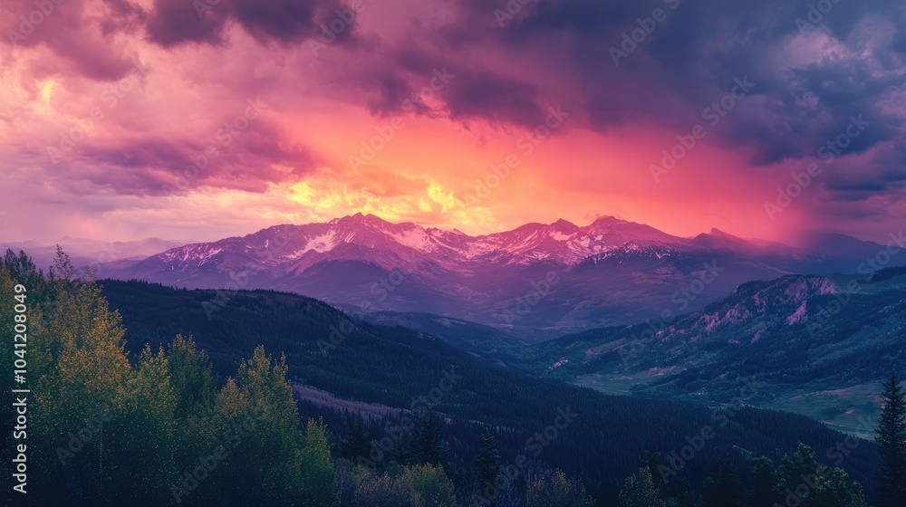 Obraz premium Stunning mountain landscape featuring a twilight sky with a beautiful magenta color scheme during sunset and sunrise