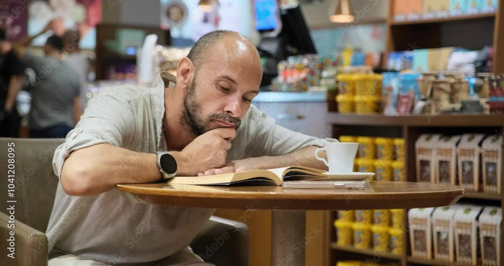 A charismatic middle-aged man wearing a shirt is sitting in a lovely café on a summer evening, enjoying reading a book A charismatic middle-aged man wearing a shirt is sitting in a lovely café on a summer evening, enjoying reading a book
