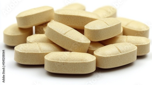 A close-up of beige tablets scattered on a surface, showcasing their oval shape and smooth texture