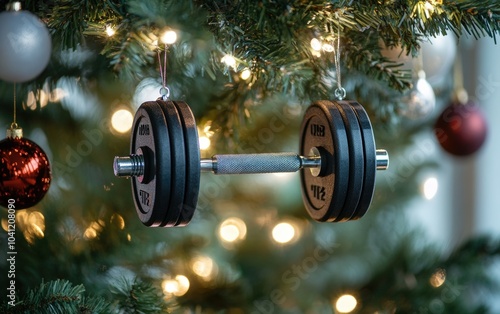 A Christmas ornament resembling a barbell weight, hanging from a Christmas tree for fitness enthusiasts. 