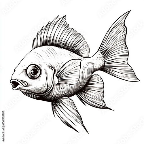 Simple handdrawn black and white outline of a fish with clear details and a white background perfect for kids to color and learn about aquatic life photo