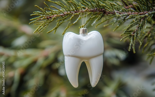 A Christmas ornament shaped like a dentistâ€™s tooth model, hanging from a tree branch.  photo