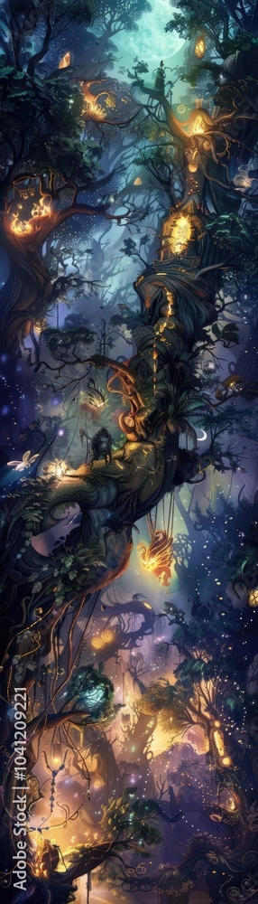 Illustrate an enchanting aerial view of a vast enchanted forest Illustrate an enchanting aerial view of a vast enchanted forest