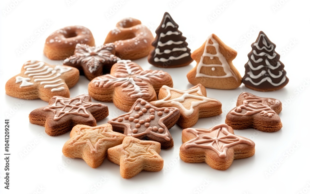 Christmas cookies in various festive shapes like stars, trees, and gingerbread men. Christmas cookies in various festive shapes like stars, trees, and gingerbread men.