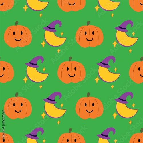 Cute Halloween holiday pumpkin and moon on green background, seamless pattern