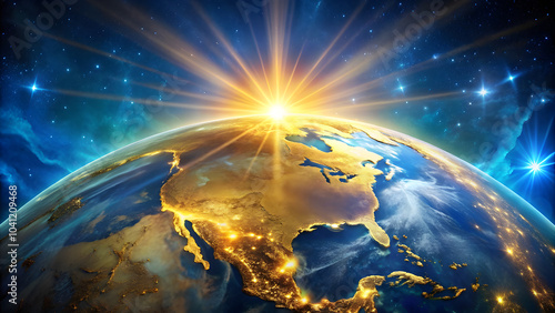 Earth Surface Shining in Blue and Gold Symbolizing Spiritual Harmony. Perfect for: Earth Day, beauty celebrations, spiritual harmony retreats