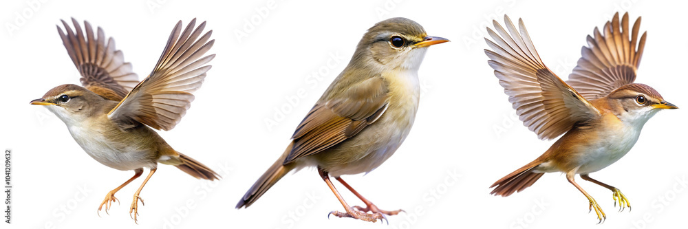 Fototapeta premium Set of A bush warbler bird in flight and perched, highlighting its earthy brown plumage. Ideal for nature and wildlife photography on transparent background