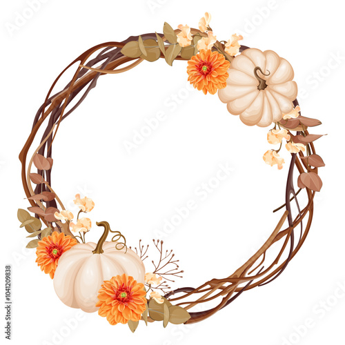 An elegant fall wreath with beige pumpkins, bright orange dahlias and eucalyptus intertwined with rustic vines. This seasonal decoration adds coziness and festivity to fall celebrations. Vector.