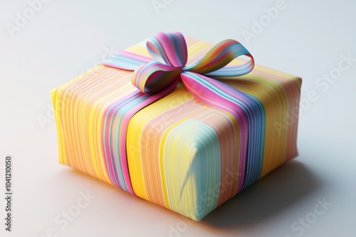 Colorful striped gift box with vibrant ribbon on white