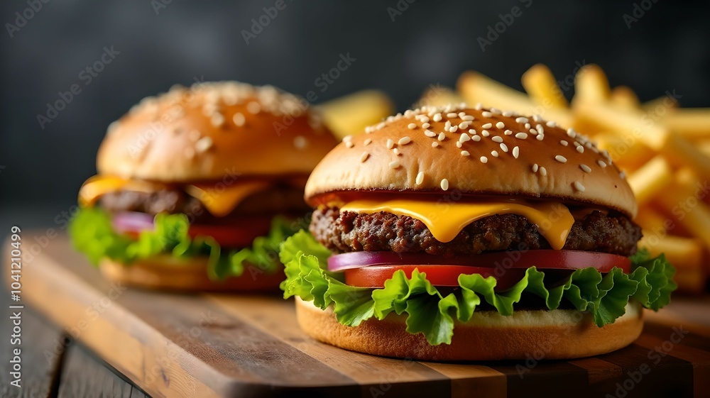 Hamburger, French fries on dark background Hamburger, French fries on dark background