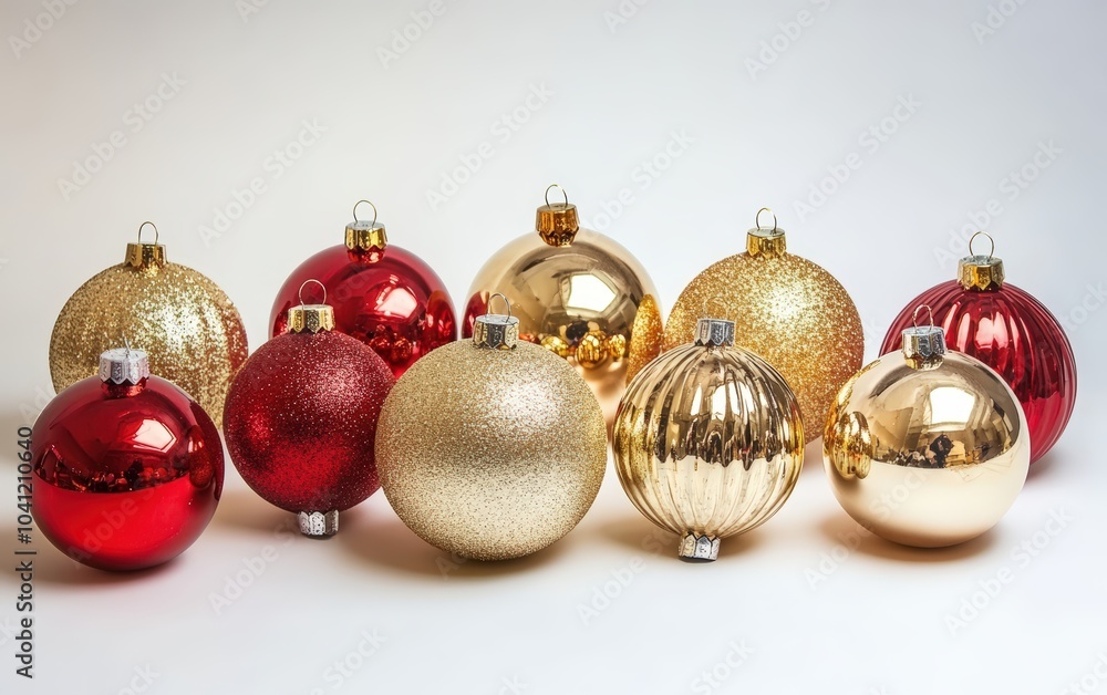 Christmas tree ornaments in gold and red, shiny and reflective, arranged with elegance. Christmas tree ornaments in gold and red, shiny and reflective, arranged with elegance.