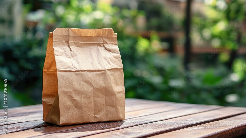 © CreativeBro - Paper bag containing food placed on a wooden table outdoors Themes of self isolation delivery and community support are evident