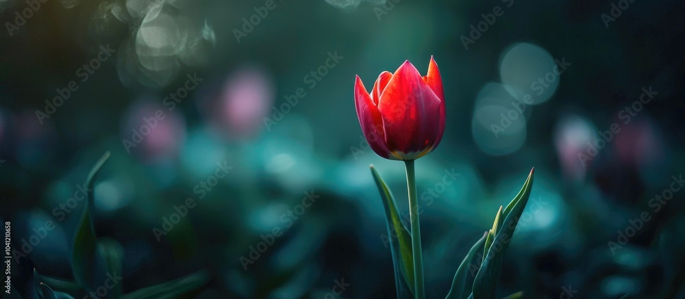 Obraz premium Fragile Beauty Of Red Closed Tulip Flower In Garden Soft Focus On The Old Retro Lens