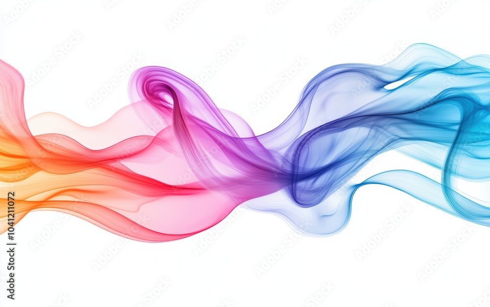Fototapeta premium Smooth, flowing ribbons of colored liquid swirling and intertwining in a mesmerizing dance, creating long, fluid trails across the white background. 