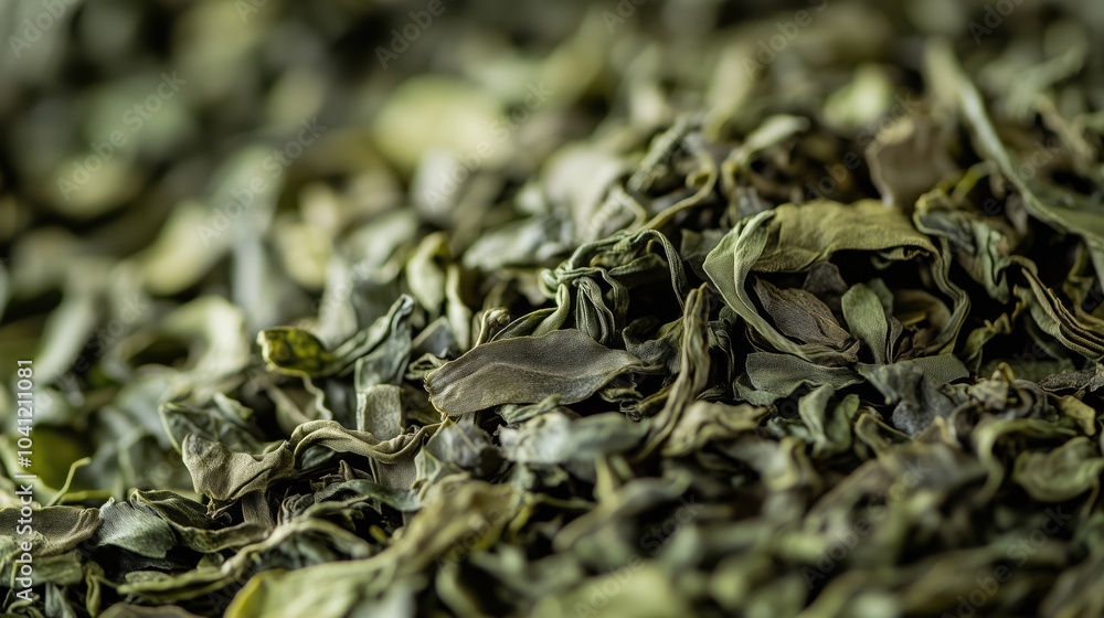 Dried green leaves, textured surface, natural herbal material, organic, aromatic Dried green leaves, textured surface, natural herbal material, organic, aromatic