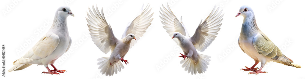 Fototapeta premium Set of A graceful white dove captured in flight and perched, symbolizing peace and purity. Ideal for nature, wildlife, and symbolic photography on transparent background