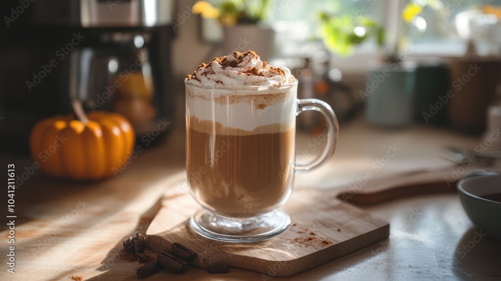 Glass of warm coffee topped with pumpkin spice and chocolate featuring whipped milk foam in a bright modern kitchen setting Glass of warm coffee topped with pumpkin spice and chocolate featuring whipped milk foam in a bright modern kitchen setting