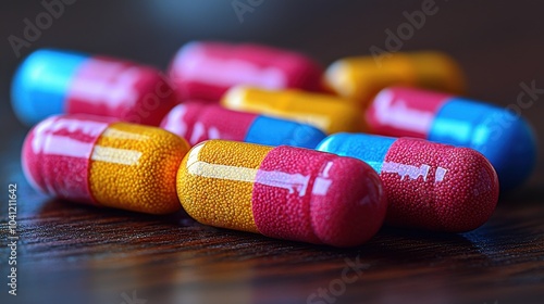 Colorful capsules arranged on a wooden surface showcasing a blend of yellow, pink, and blue designs near a window during daylight photo