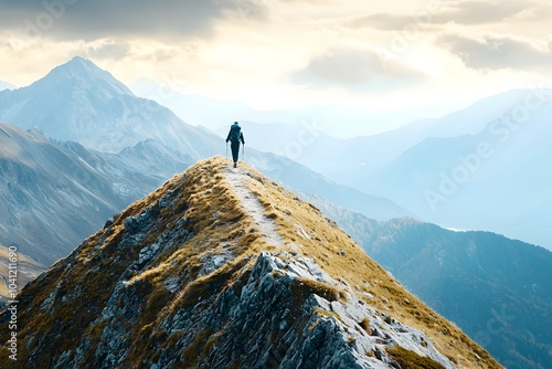 Hiker Reaching the Summit of a Majestic Mountain with a Clear Path Ahead Symbol of Achievement and Fresh Start After a Long Journey photo