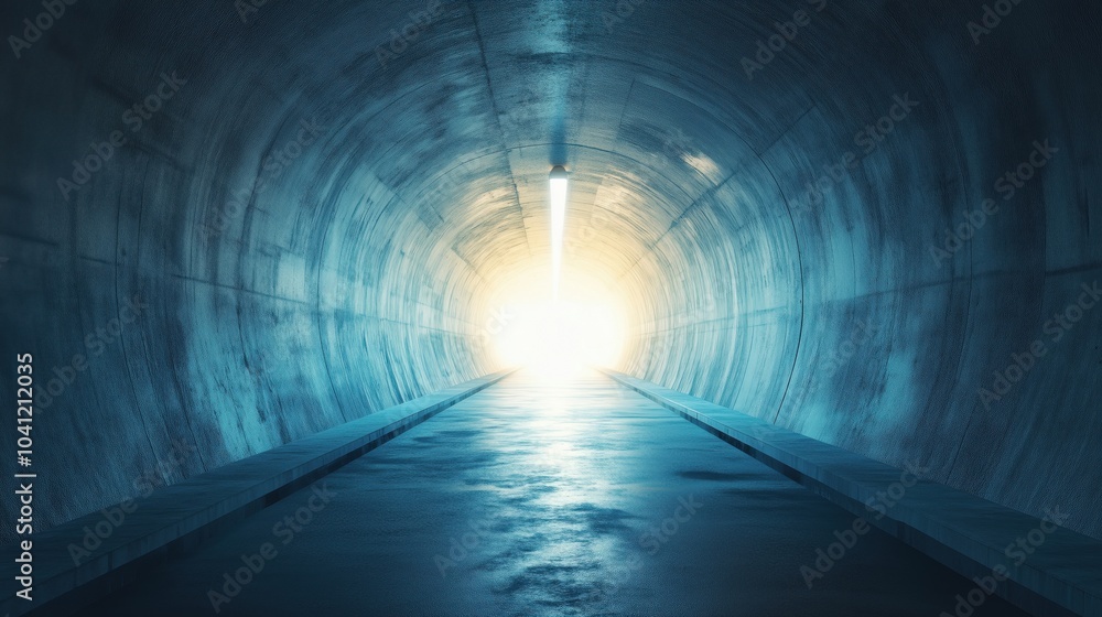 Tunnel with bright light at end, smooth concrete walls, reflective floor Tunnel with bright light at end, smooth concrete walls, reflective floor