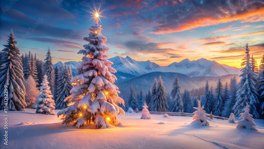 Christmas tree with glowing lights in snowy mountain landscape, under starry sky with sunlit hues. Christmas tree with glowing lights in snowy mountain landscape, under starry sky with sunlit hues.