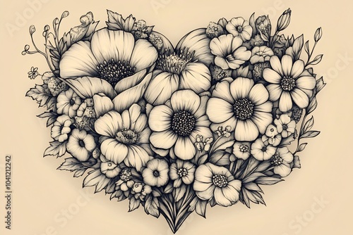 Wallpaper Mural St Valentines Day greeting card design featuring a heartshaped bouquet of flowers in a coloring page style Black and white handdrawn illustration with intricate floral details for kids to color Torontodigital.ca