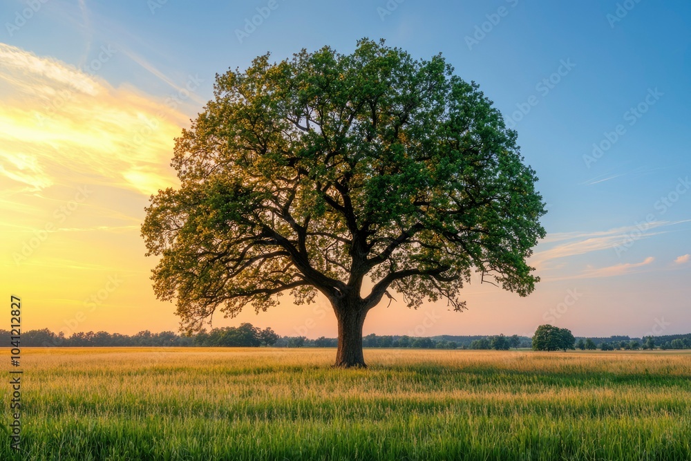 Solitary Oak Tree in a Field at Sunset Solitary Oak Tree in a Field at Sunset