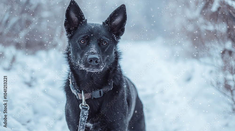 Black Mongrel Dog Mongrel Outdoors In Winter On A Leash Black Mongrel Dog Mongrel Outdoors In Winter On A Leash