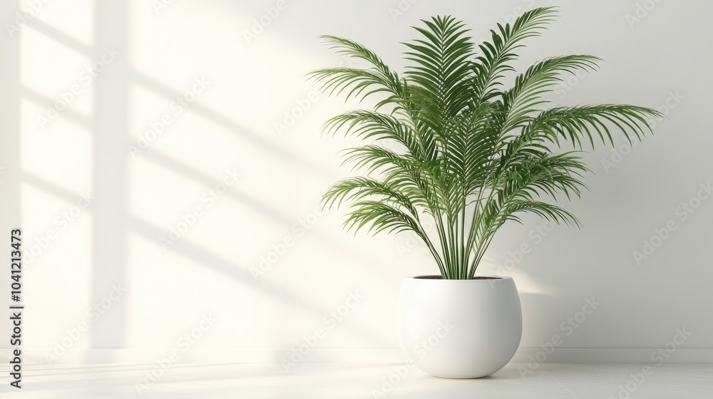 Indoor palm plant in a sleek white pot showcasing a fresh and modern indoor plant mockup against a clean background Indoor palm plant in a sleek white pot showcasing a fresh and modern indoor plant mockup against a clean background