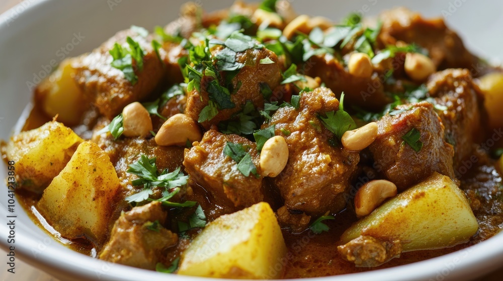 Savory curry featuring tender meat potatoes and nuts topped with fresh herbs in a pristine white bowl Savory curry featuring tender meat potatoes and nuts topped with fresh herbs in a pristine white bowl