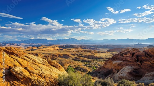 Impressive sandstone formations emerge from the arid landscape framed by far off mountains and a pristine blue sky highlighting the beauty of nature s marvels photo