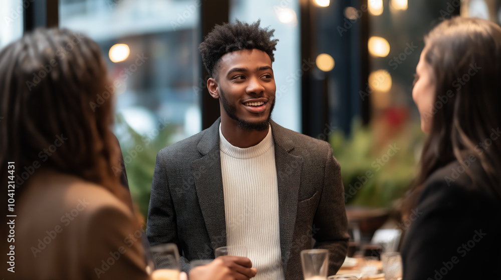 Obraz premium A casual networking scene with participants in conversation, with a blurred background to emphasize the social interaction. 